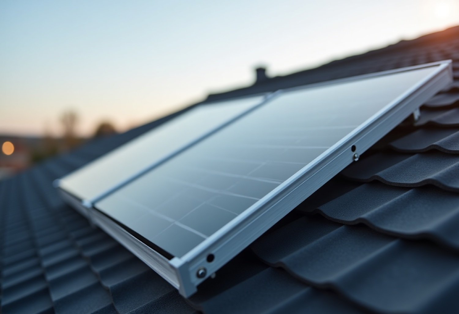 Solarmodul mit Montageschiene auf einem Ziegeldach