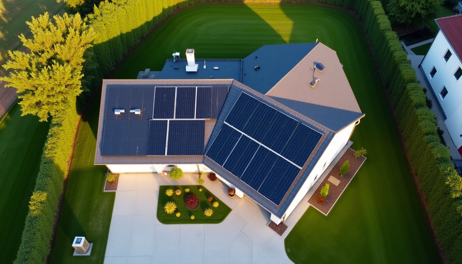 Einfamilienhaus mit Photovoltaikanlage aus der Vogelperspektive