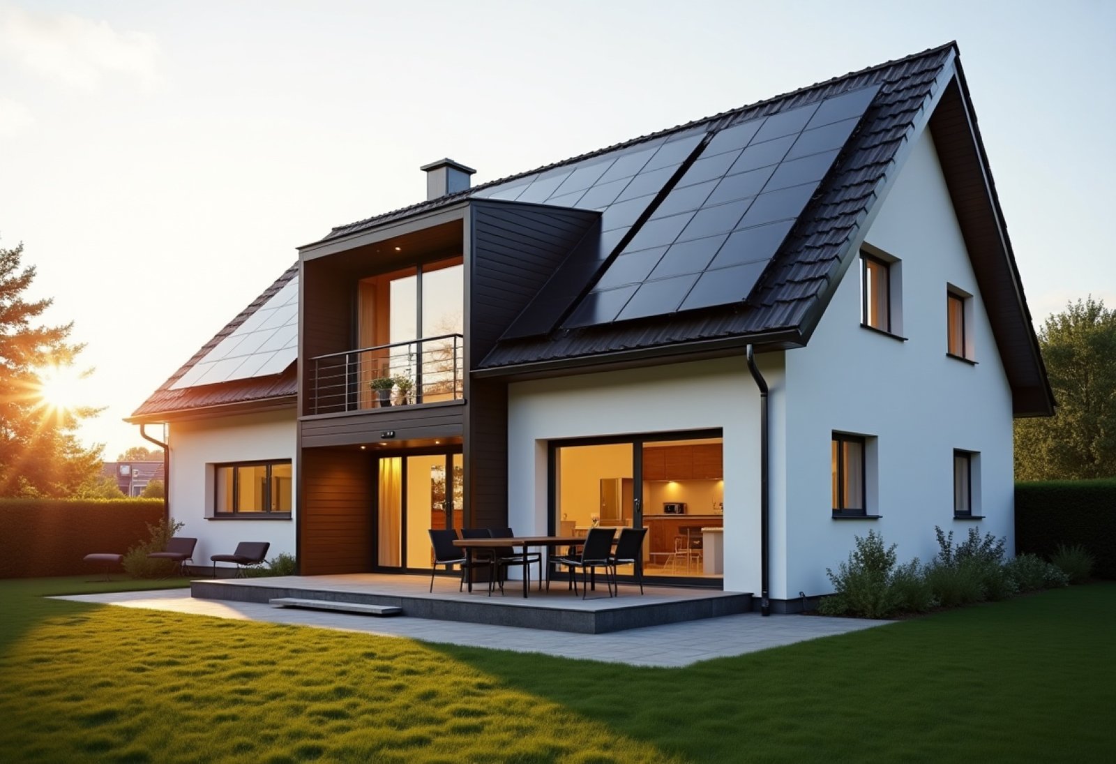 Einfamilienhaus mit Photovoltaikanlage im Abendlicht